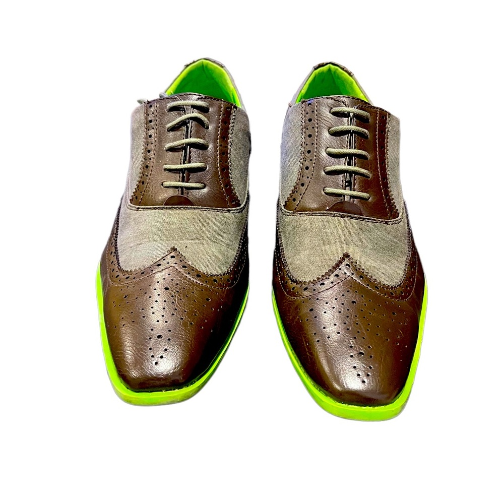 Faranzi Men 2-Tone Dress Casual Oxford Green/Brown Wing Tip Shoes F4732 Sz 9.5.